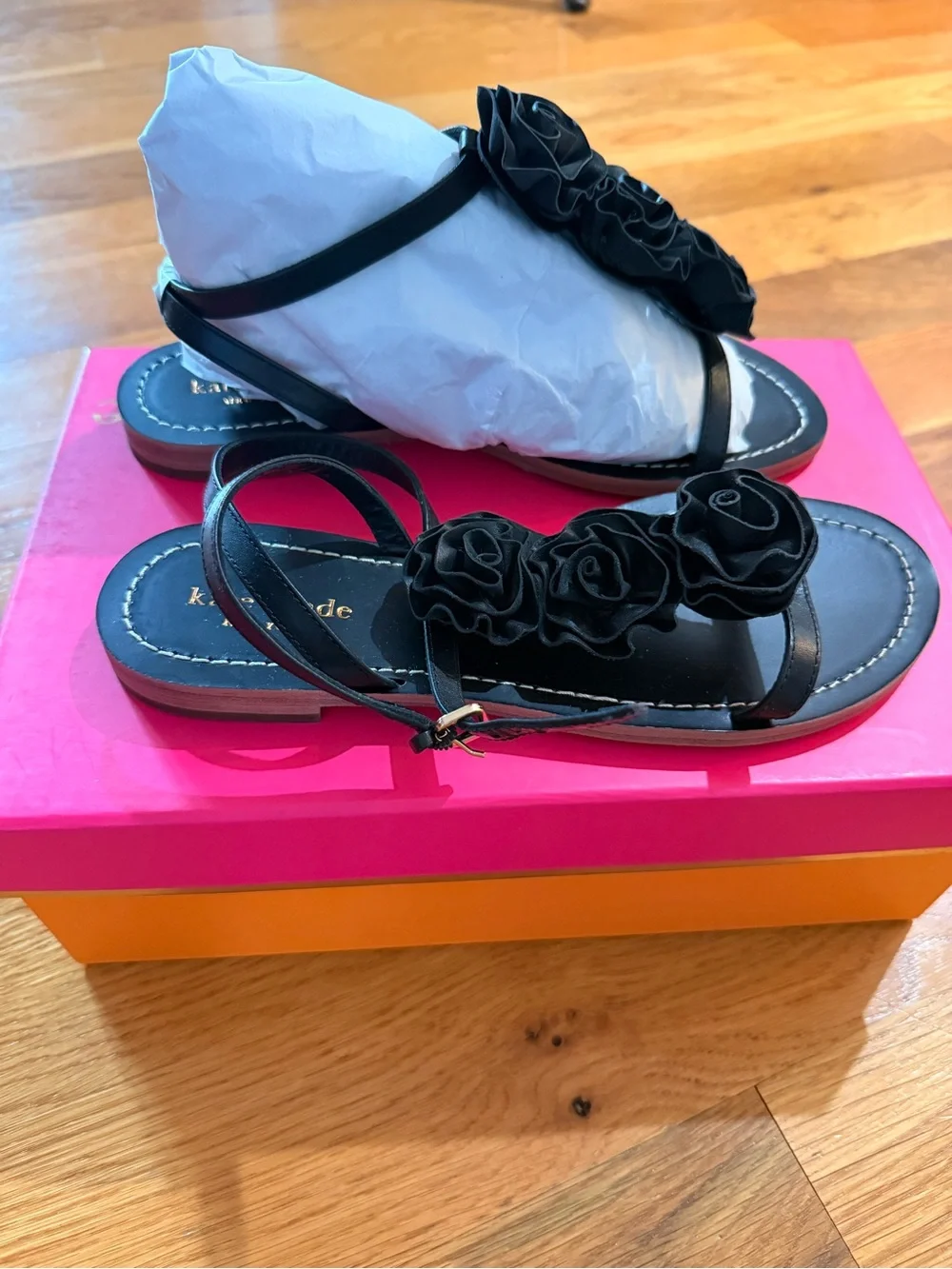 kate spade Black Floral Appliqué Leather Slingback Sandals
